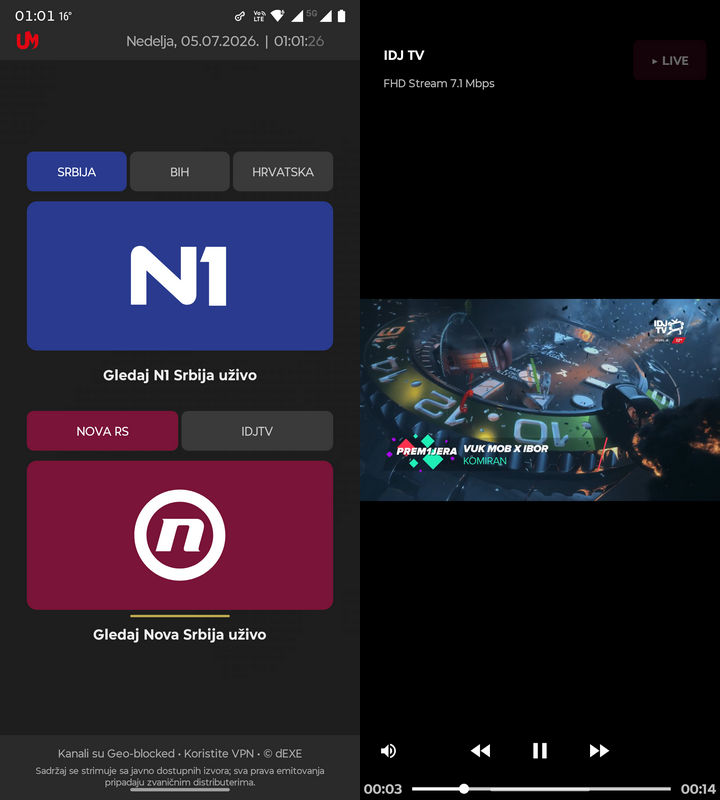 SCREENSHOT: glavni ekran aplikacije na telefonu i plejer